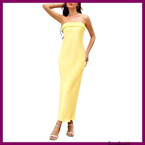 Strapless Satin Maxi Dress Formal Bodycon Silk Material Wedding Guest